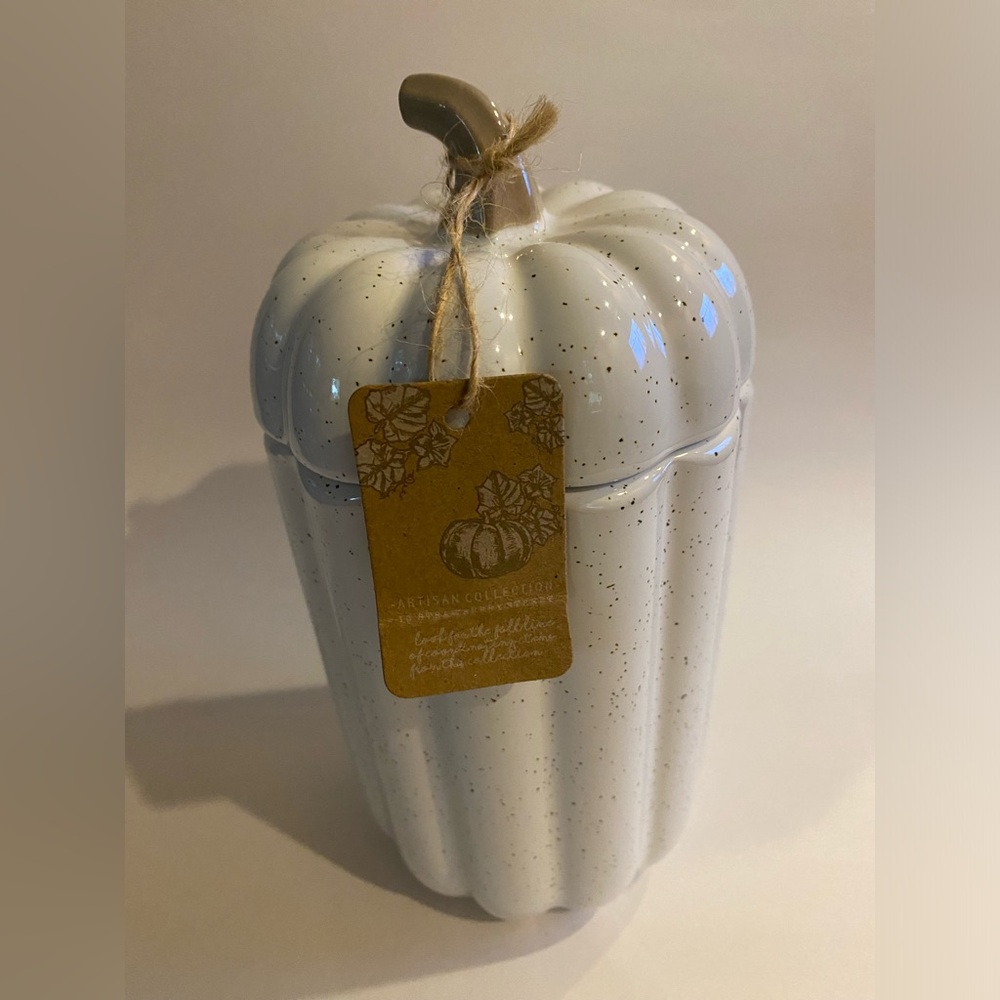 10 Strawberry Street Ceramic Pumpkin Fall Canister White Speckled Stoneware NWT